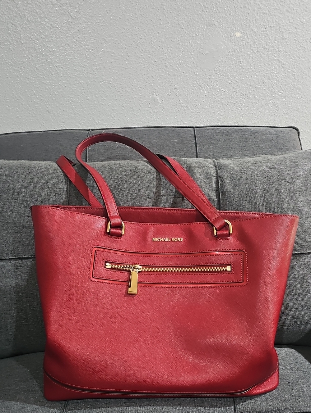 Michael Kors Maroon Saffiano Tote with Gold Hardware